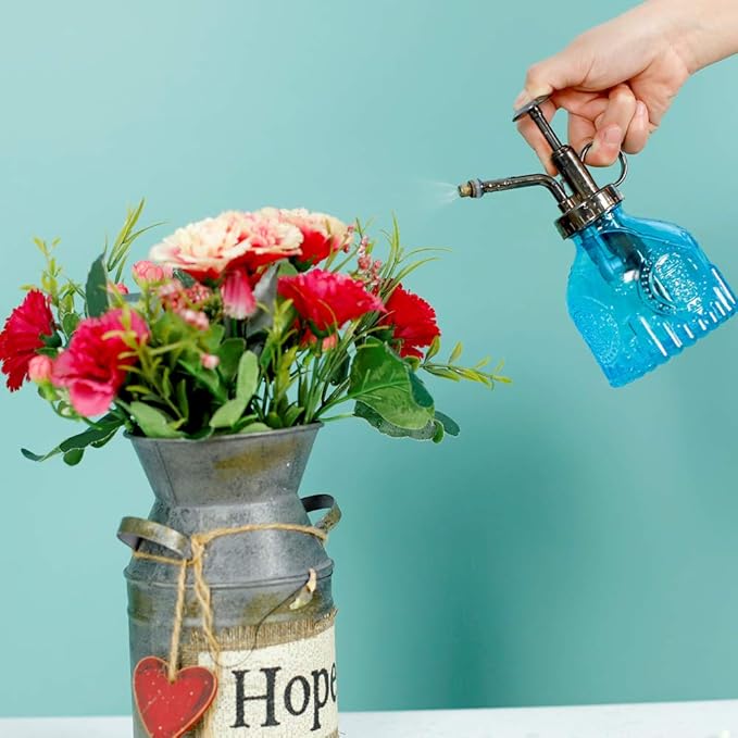 Hniuyun Glass Plant Mister Spray Bottle, 6.4 All Vintage Plant Spritzer Watering Can, Bronze Plastic Top Pump, Plant Mister Glass Watering Garden Tool (Blue)