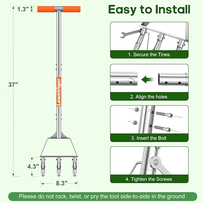 Manual Core Aerator Lawn Tool - Lawn Aerator Tool with 3 Hollow Tines, Semi-Assembled Grass Aerator Core Aeration Tool for Lawn, Yard Plug Aerator for Lawn Care Compacted Soil - Orange