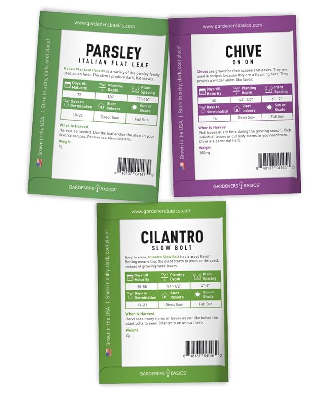Gardeners Basics Culinary Herb Seeds For Planting Indoors and Outdoors 5 Packets Including Basil, Cilantro, Chives, Oregano, and Parsley - Great for Kitchen Herb Garden Heirloom Seeds