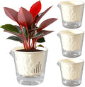 4 Inch Glacier-Textured Self Watering Garden Pots,4 Pack Clear Plastic Planters with Water Filling Spout,Flowerpot with Inner Pot for Indoor Plants,African Violets,Herbs,Succulents(Cream white)