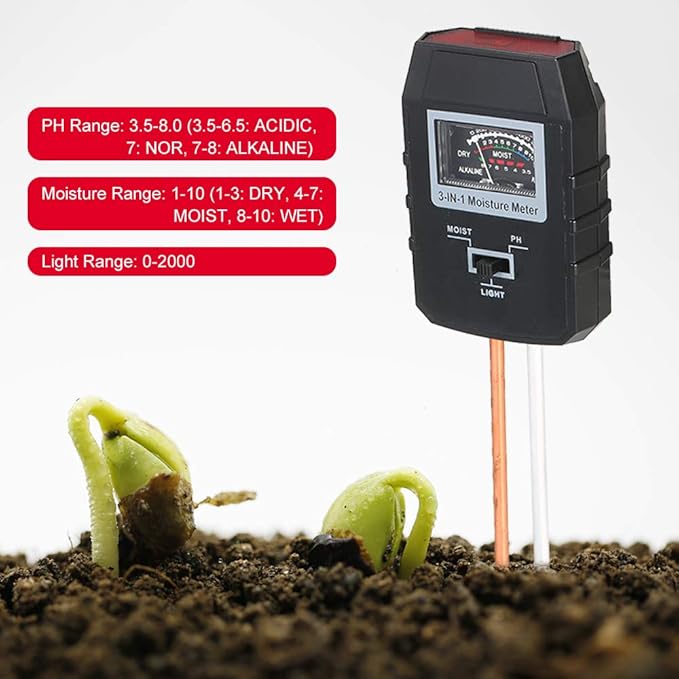 Soil pH Light Meter 3 - in - 1 Soil Test Kit No Battery Required for Indoor Outdoor Garden Lawn Farm - Rust - Proof, Portable Design, Easy Operation