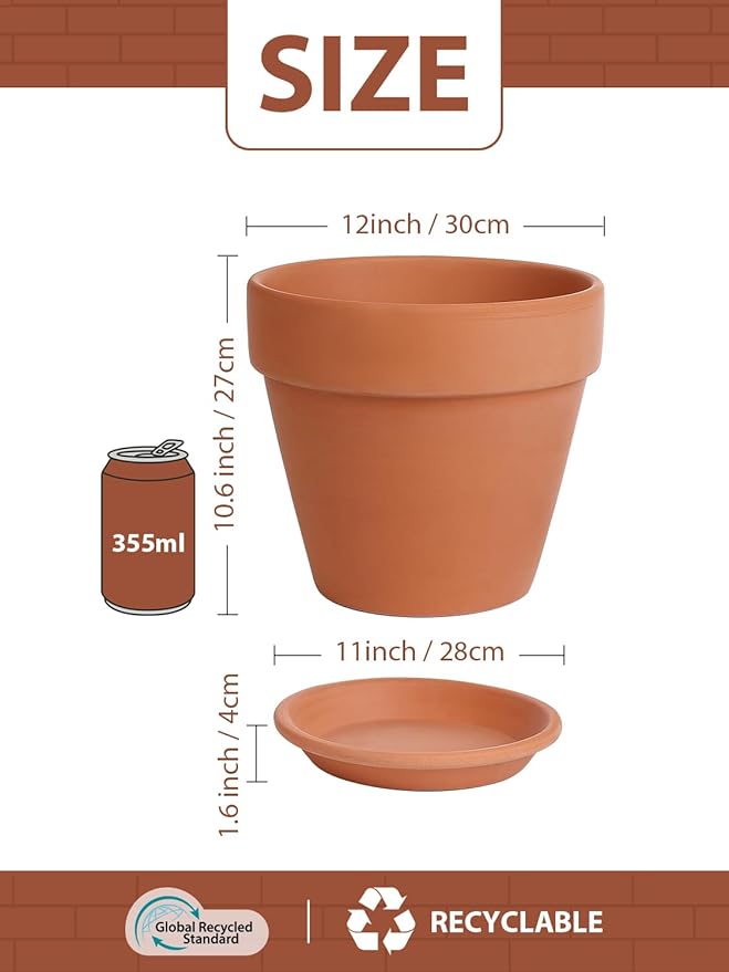 INGOFIN 12 Inch Terracotta Pot with Saucer - Ceramic Clay Pot for Plants with Drainage Hole, Large Terra Cotta Flower Planter with Tray for Indoor Outdoor Plants