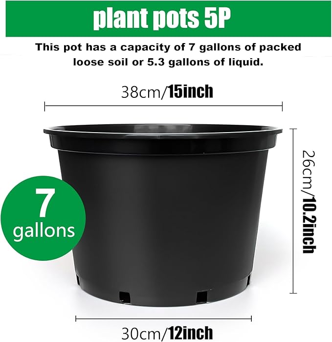 RooTrimmer 7 Gallon Plastic Nursery Pots, 15 Inch Large Plastic Pots for Plants, Round Plant Pots with Drainage Holes, Flower Pots for Outdoor Indoor Plants, Gardening Gifts for Women (5-Pack, Black)
