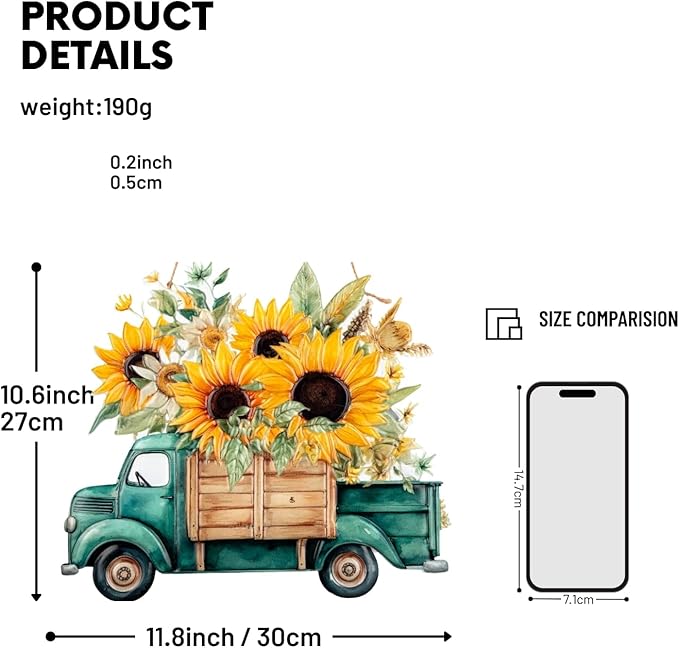 Quterhero Sunflower Truck Wall Decor, Metal Hanging Art for Home Porch or Indoor Outdoor Wall, Vintage Farmhouse Gift for Mom, Women, Friends(Green Truck)