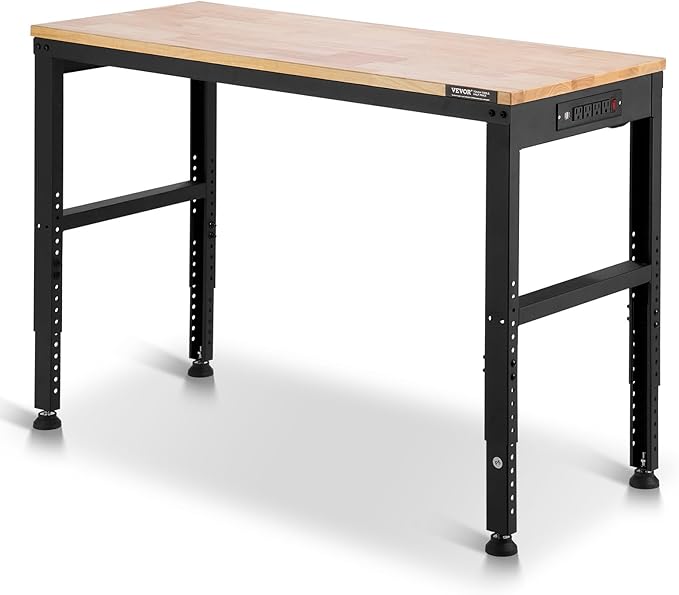 VEVOR Adjustable Workbench, 48 x 20-inch Heavy Duty Work Bench with 28.5-38.3 Inches Height Adjustment, 2000 lbs Capacity Garage Workbench with Power Outlets, Suitable for Office, Garage, Workshop