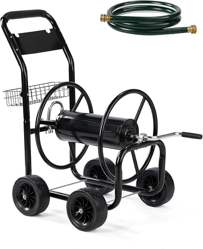 Outvita Garden Hose Reel Cart, Lawn Water Planting Cart with Wheels, Heavy Duty Outdoor Yard Water Planting Truck Holds 300-Feet of 5/8-Inch Hose with Storage Basket for Patio Farm(Black)