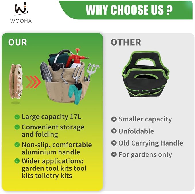 WOOHA Garden Tool Organizer Bag 17L Collapsible Tool Bag Foldable Tool Organizer Outdoor Camping Garden Harvest Basket Cleaning Supply Caddy with Handle for Home Bathroom Storage Bath Wash Bag（khaki）