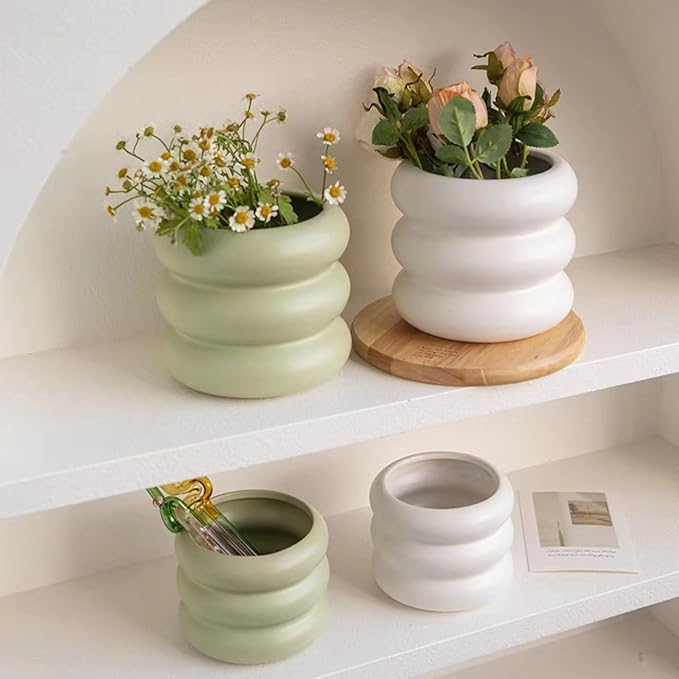 Ceramic Plant Pot Indoor, 6.5 Inch Flower Pot with Drainage Hole, Tiered Bubble Design Ceramic Planter for Home & Office Decor (White)