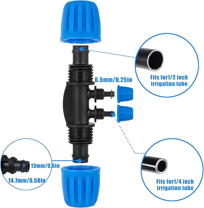 10 Pcs 1/2 to 1/4 inch Garden Hose Tubing Irrigation Fittings,4-Way Anti-Leak 1/2'' to 1/4'' Locked Barbed Drip Irrigation Tee Connectors (1/2"IDx0.6-0.63"OD) 1/2'' to 1/4'' Irrigation Tubing Fitting