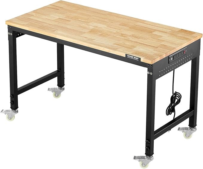 VEVOR Adjustable Workbench, 48-Inch Work Bench with Power Outlet, Wheels, and Pegboard, 2000 lbs Load Heavy Duty Oak Wood Top Work Table for Garage, Workshop, Office, and Home