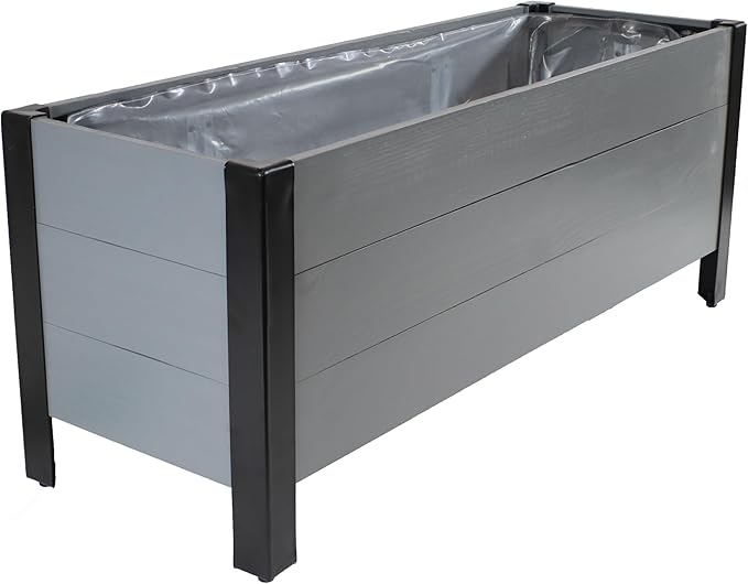 Sunnydaze Acacia Wood Rectangular Planter Box - 14.75" H Wooden Raised Garden Bed with Removable Polyethylene Planter Bag - Gray