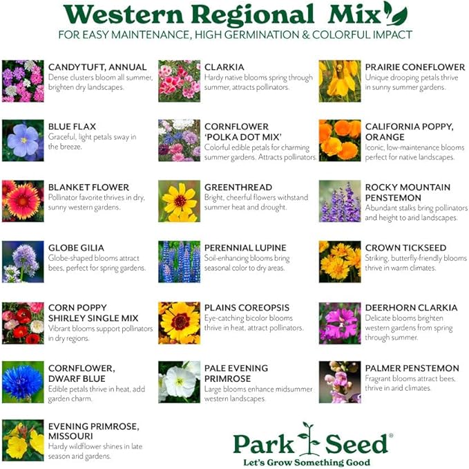 Park Seed Grow Your Own Vibrant Annual and Perennial Wildflower Garden Seeds Mixture, Easy to Grow Varieties for Pollinators and Spring Gardens - Western Regional Mix, 1 lb