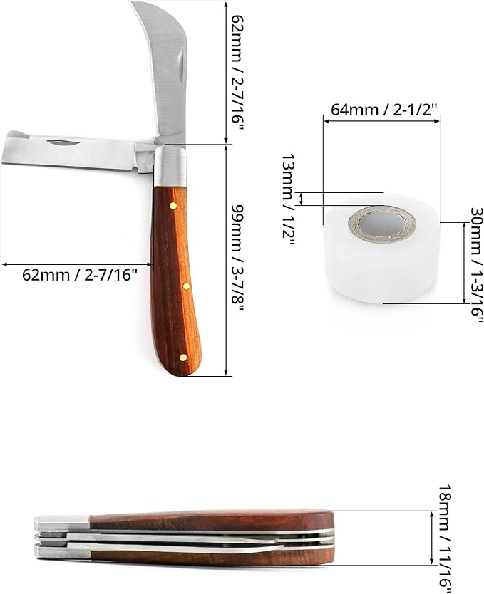 QWORK Grafting Gardening Knife, Flexible Grafting Kit, Double-Blade Garden Knife for Budding Pruning, with 2 Plants Repair Tapes for Floral Fruit Tree