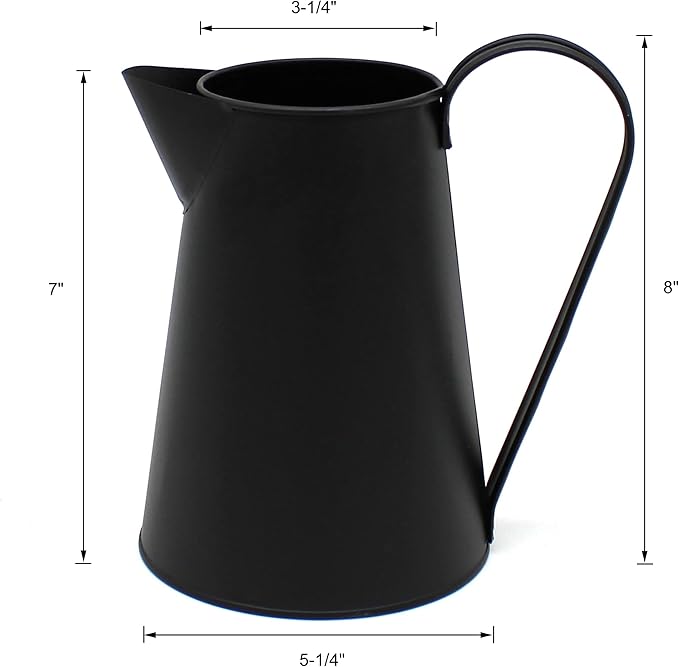 CVHOMEDECO. 7 Inch Galvanized Metal Milk Pitcher, Old Rustic Primitive Watering Can Jug Vase for Home and Garden Décor. Black