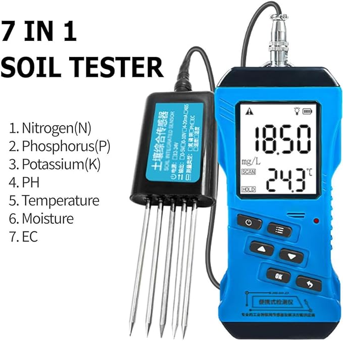 High Accuracy Digital Sensitive Soil Fertility Test,7 in 1 Soil Tester, Nitrogen,Phosphorus,Potassium Npk Tester,Ph Moisture, Nutrient Conductivity, Ec Meter