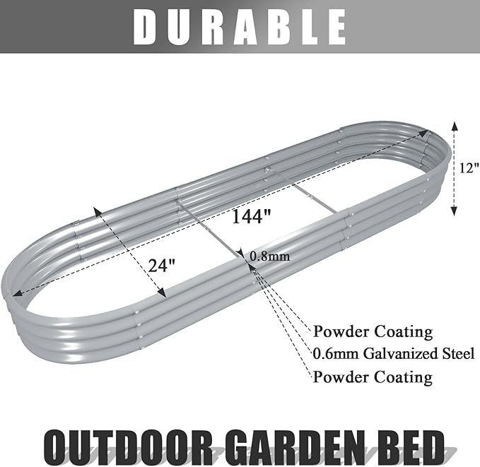 1 Pack 12x2x1FT Galvanized Raised Garden Bed Kit Oval Metal Ground Planter Box Outdoor Bottomless Planter Raised Beds for Vegetables Flowers Herbs Fruits, Gray