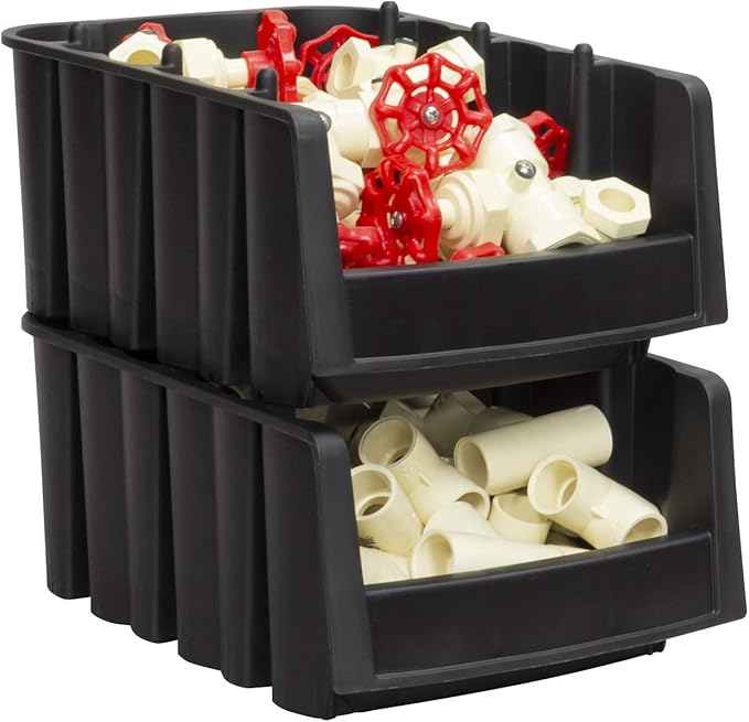 Akro-Mils 30718 Economy Stacking Shelf Plastic Storage Bins, (12-Inch x 8-3/8-Inch x 5-Inch), Black (8-Pack)