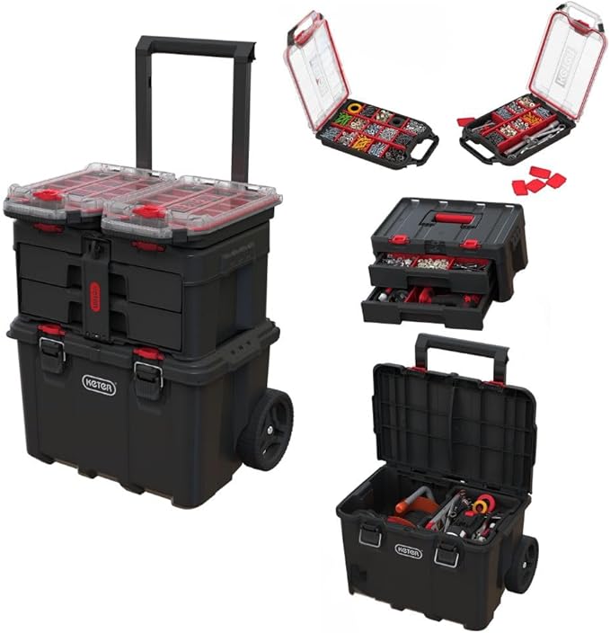 Keter Stack-n-Roll 2.0 Modular Tools Organizer for Garage Storage and DIY, 3 Piece Resin Rolling Tool Box System for Small Parts, Black