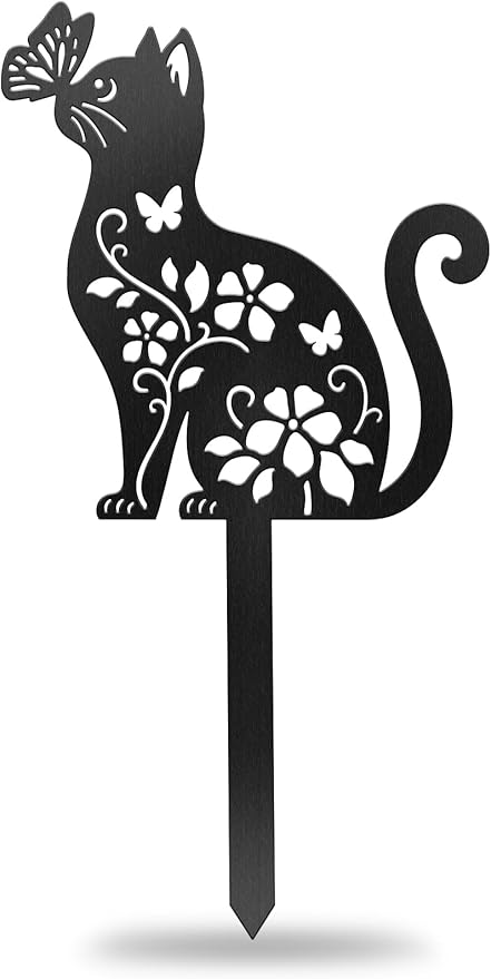 CUTHOLLOW Metal Plant Marker Stake Cat Flowers and Butterflies for Outdoor Indoor, Waterproof 11.8 inch Cute Garden Plant Labels Sign Tag for Herb, Farmhouse Greenhouse Decor - Funny Gardening Gifts