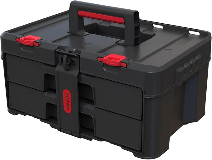 Keter Stack-n-Roll 2.0 Modular Tools Organizer for Garage Storage and DIY, 3 Piece Resin Rolling Tool Box System for Small Parts, Black