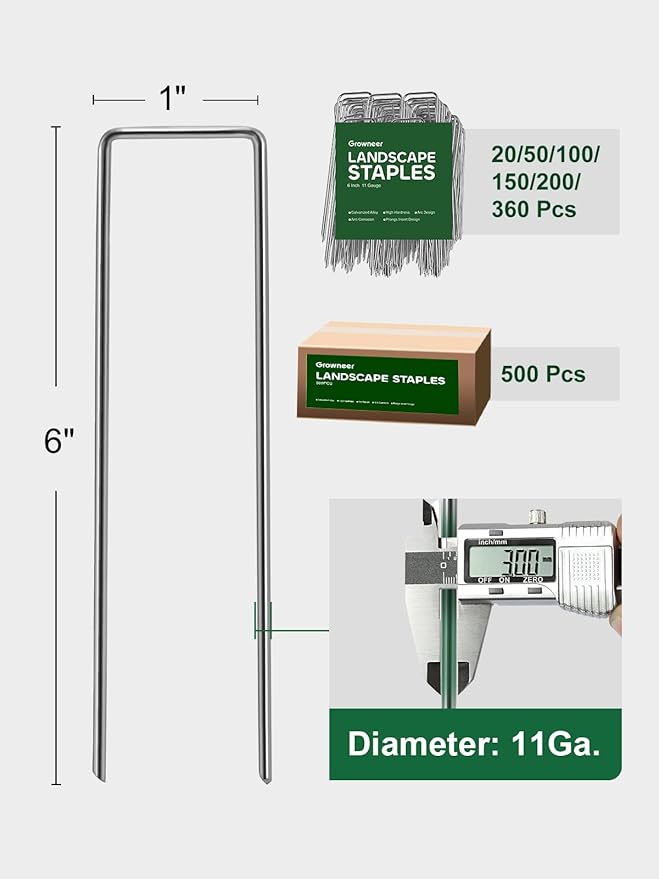 GROWNEER 360 Pack Landscape Staples 6 Inch 11 Gauge Heavy Duty Hot-Dip Galvanized Steel Garden Stakes U-Shaped Weed Barrier Spikes Metal Ground Pins for Lawn and Yard Landscaping