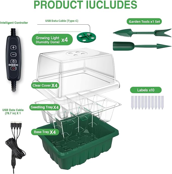 Seed Starter Tray with Grow Light，Seed Starter Kit with Timing Controller Adjustable Brightness, Heightened Lids Growing Trays for Greenhouse & Gardens，4 Pack (Green)