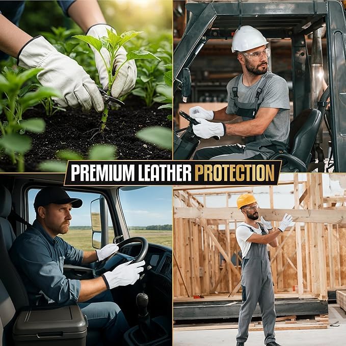 12 Pairs Heavy Duty Durable Leather Work Gloves for Truck Driving, Warehouse, Gardening, Construction, Hand Protection