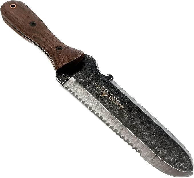 Garden Guru Hori Hori Gardening Knife for Weeding Digging Pruning & Cultivating - Stainless Steel Full Tang Blade Walnut Wood Handle Marks for Measuring Planting Depth Nylon Sheath for Storage (2pack)