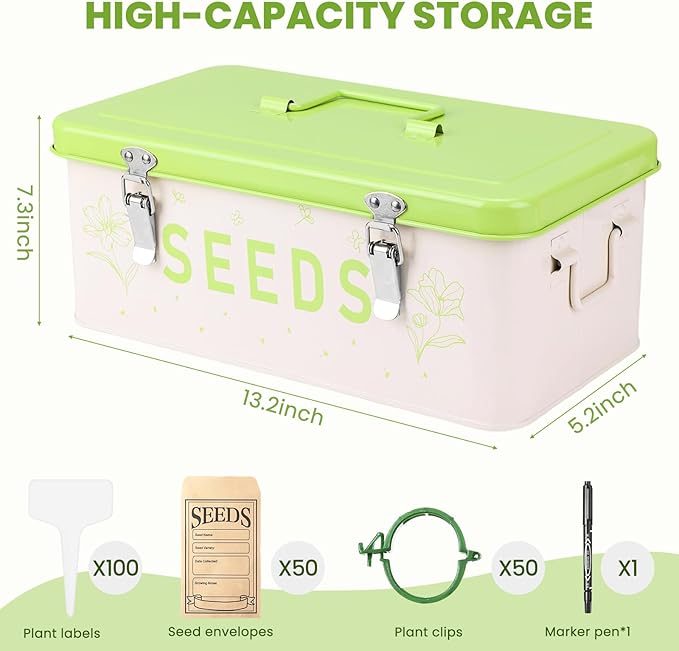 Seed Storage Organizer with Lid, Metal Seed Bin Seed Packet Container with 100 Plant Labels 50 Seed Envelopes 50 Plant Clips 1 Marker Pen, 4 Compartments Box with Locks (Fruit green)
