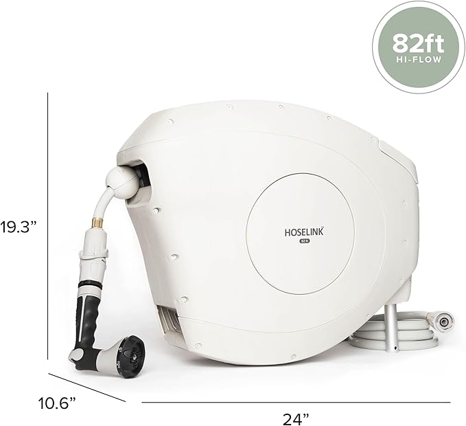 HOSELINK Classic Beige 82ft Hi-Flow Automatic Retractable Garden Hose Reel, 9/16”, 8-Pattern Spray Nozzle, UV-Stabilized Kink-Free Hose, Wall Mounted Watering Solution for Backyard, Garden & Outdoor