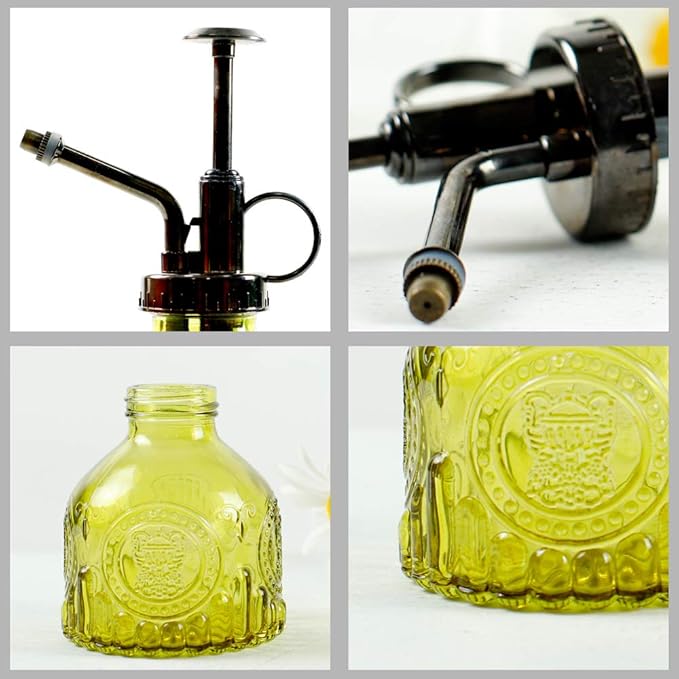 Hniuyun Glass Plant Mister Spray Bottle, 6.4 all Vintage Plant Spritzer Watering Can, Bronze Plastic Top Pump, Plant Mister Glass Watering Garden Tool (Yellow)