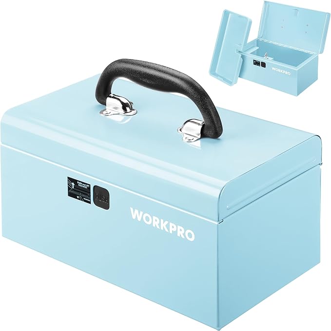 WORKPRO 10.8" Portable Mini Metal Tool Box with Removable Color-Matching Tray, One-Button Latch Toolbox, Steel Tool Chest with PP Handle, Compact Storage Organizer for Home, Office or Workshop