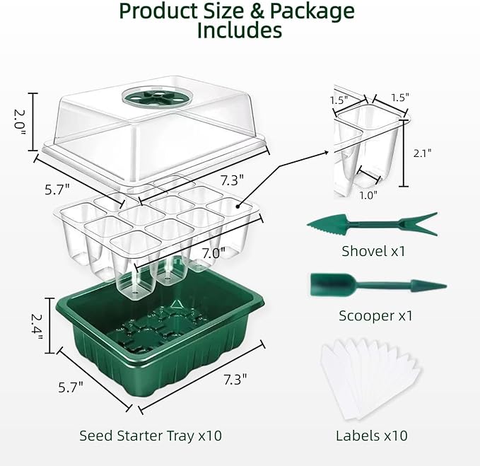 10 Pack Seed Starter Kit, 120 Cells Thickened Seed Trays with Humidity Dome, Base & Gardening Tools, Mini Greenhouse Germination Kit for Indoor Outdoor Vegetable Flower Growing