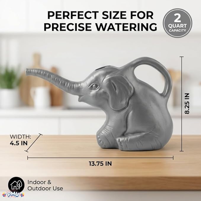 2-Quart Elephant Watering Can – Durable Plastic Garden Watering Can for Indoor & Outdoor Plants, Easy-Pour Spout, Large Water Pot, Gray