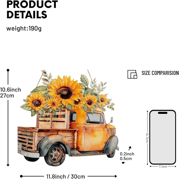Quterhero Sunflower Truck Wall Decor, Metal Hanging Art for Home Porch or Indoor Outdoor Wall, Vintage Farmhouse Gift for Mom, Women, Friends(Yellow Truck)