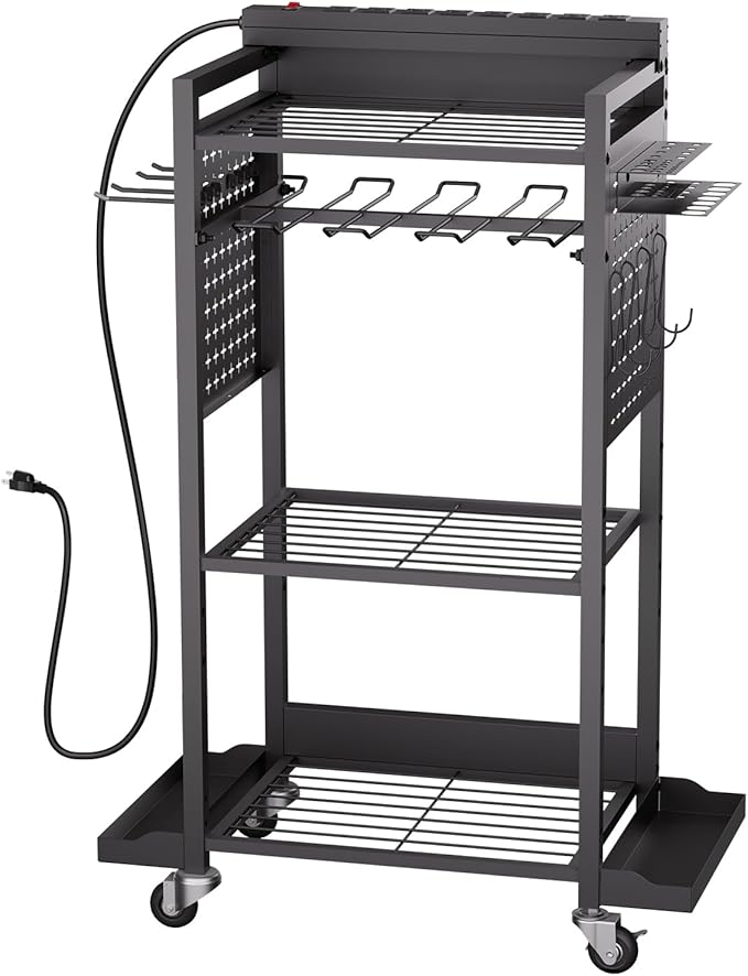 VEVOR 4-Tier Tool Organizer Cart with Charging Station, 8 AC Outlet, Floor Stand Rolling Drill Holder and Tool Battery Storage Rack on Wheels, Garage Floor Rolling Storage Cart for Workshop, Garage