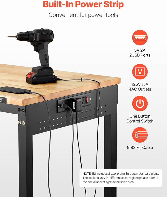 VEVOR Adjustable Workbench, 48-Inch Work Bench with Power Outlet, Wheels, and Pegboard, 2000 lbs Load Heavy Duty Oak Wood Top Work Table for Garage, Workshop, Office, and Home