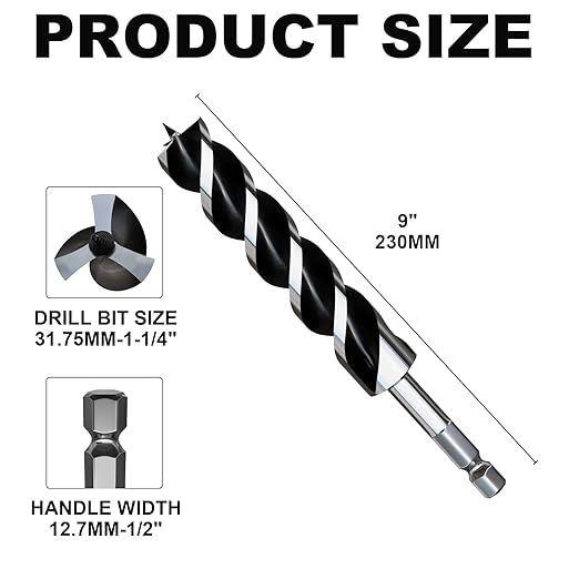 1-1/4"×9" Professional Auger Drill Bit for Wood with Quick Change 1/2" Hex Shank- 3-Cutter Design with Dual-Flute for Fast Chip Removal, Fits Hardwood, Softwood, PVC, Drywall & Tree Stumps