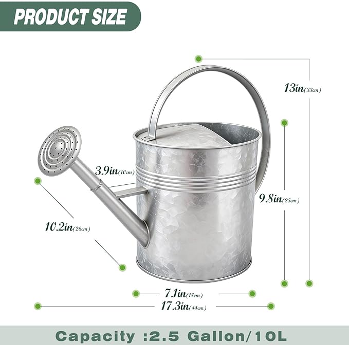 9.5L Metal Watering Can for Outdoor Garden, Galvanized Steel Large Watering Pot with Top Handle and Long Spout, Rust-Resistant Water Can for Flowers, Lawns, and Farm Use
