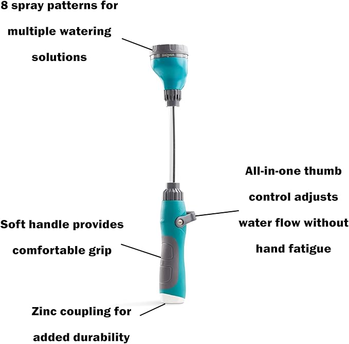 Gilmour Medium Duty Watering Wand Hose Sprayer, 8 Pattern Watering Wand for Garden Hose, 15.25" Reach