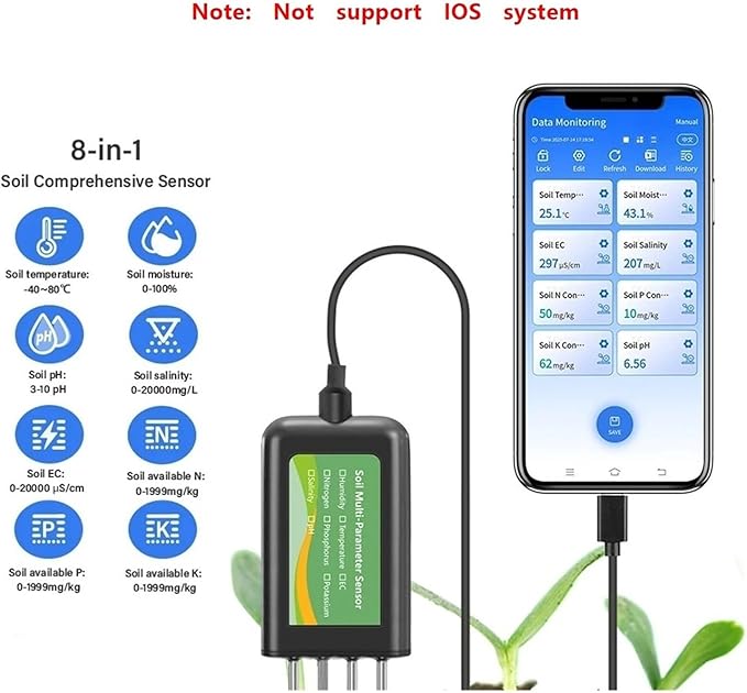8-in-1 Intelligent Soil NPK Sensor Salinity EC Moisture Temp pH Tester with APP Data Logger(RS485 NPK Tester)