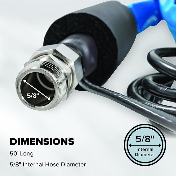 Camco 50' Heated Water Hose for RV — Prevents Freezing Down to -20° — Certified For Drinking Water & Lead-Free — Great for Campers, Livestock, Agriculture, Kennels, etc. — 5/8" ID (22912)