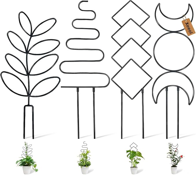 Larger 23inch Plant Trellis for Climbing Plants Indoor, Trellis for Potted Plants with Ties, Metal Climbing Plant Support for Houseplant Flower Pothos, 4 Different Panels, Black