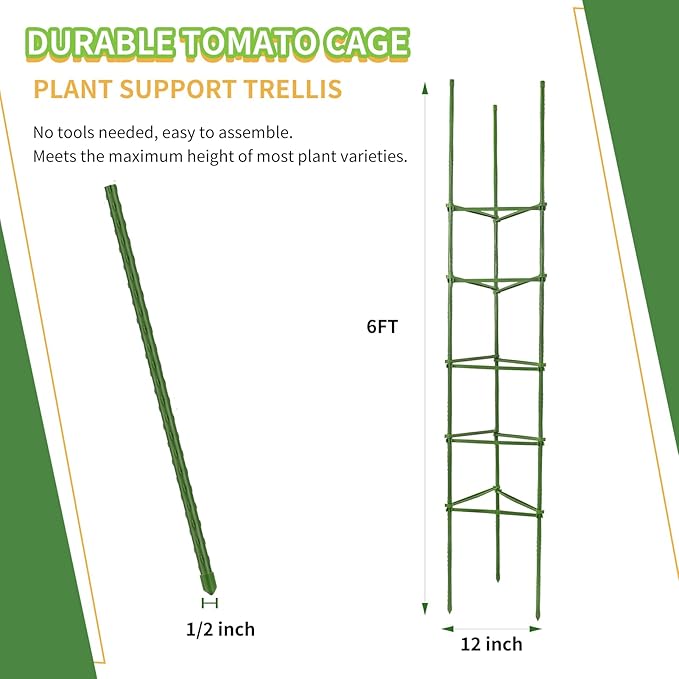G-LEAF 6 Pack 6ft Tomato Cage for Garden Plant Support, Garden Stakes Tomato Cage, Tomato Cages Plant Stakes for Climbing Plants
