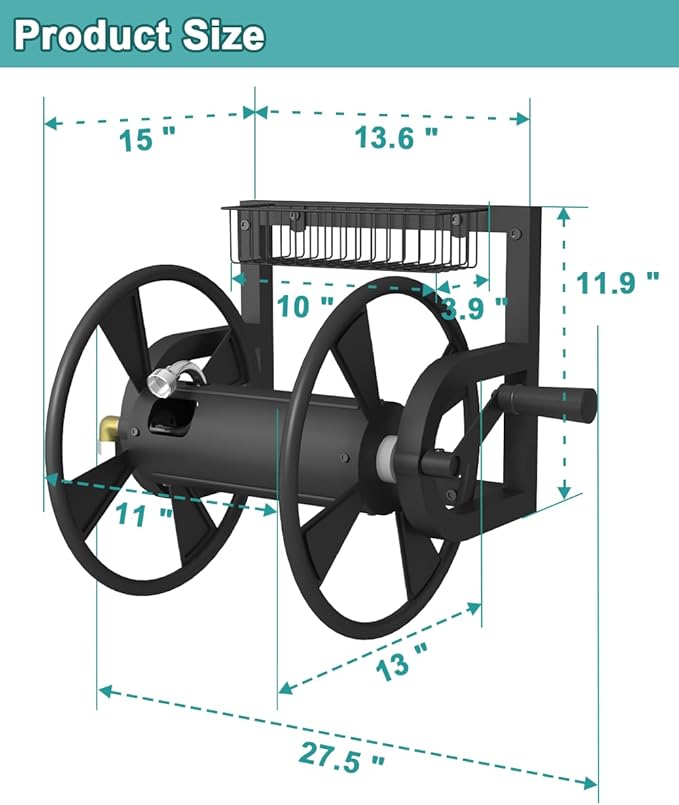 Garden Wall Mounted Hose Reel, Outdoor Heavy-Duty Water Hose Holder Winder, Holds 125 Feet of 5/8-Inch Hose, with 3.9 ft Leader Hose, Brass Fitting and Storage Basket for Yard, Black