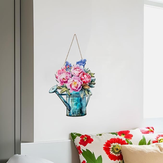 Quterhero Watering Can Flower Wall Decor, Metal Hanging Art for Indoor Outdoor Wall or Porch, Vintage Farmhouse Porch Decor Gift for Mom, Women, Friends(Peony)