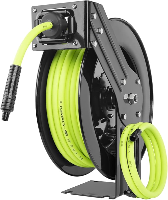 Flexzilla Open Face Retractable Air Hose Reel, 3/8 in. x 50 ft., Heavy Duty, Lightweight, Hybrid, ZillaGreen - L8611FZ & Pro Air Hose, 3/8 in. x 50 ft, Heavy Duty, Lightweight, Hybrid, ZillaGreen