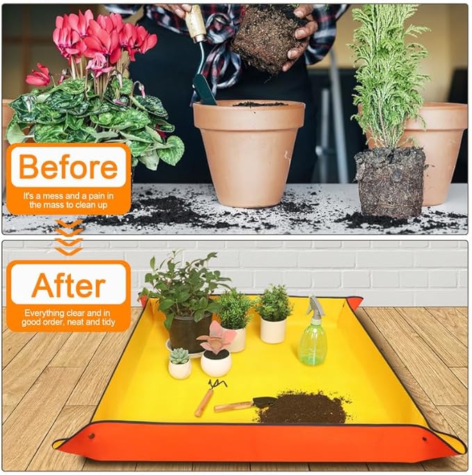 Emycool 39.5" x 31.5" Large Repotting Mat for Indoor Plants Transplanting and Potting Soil Mess Control, Waterproof Portable Succulent Plant Repotting Tray Gardening Gifts for Women, Orange
