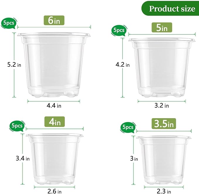 SupKing 20 Pack Clear Nursery Pots 6/5/4/3.5 Inch Plastic Seed Starter Large Small Plant Flower Pot with Drainage Holes for repotting Transplanting Succulents Cuttings Seedlings 15 Labels