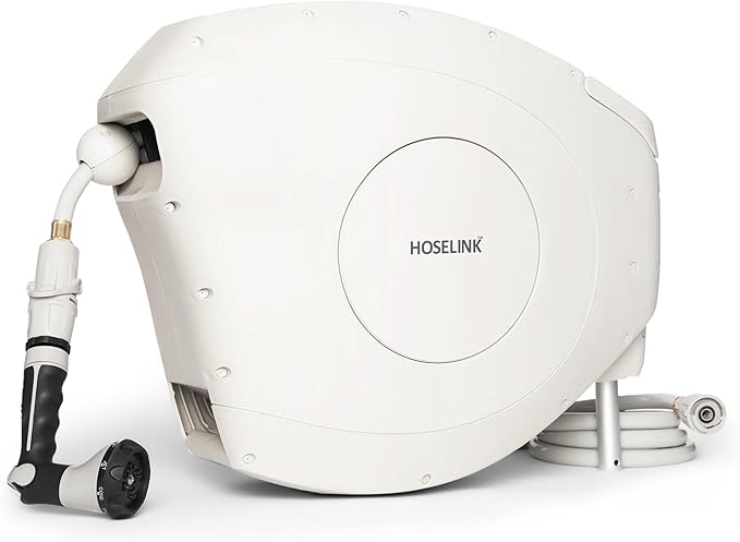 HOSELINK Classic Beige 50ft Hi-Flow Automatic Retractable Garden Hose Reel, 9/16”, 8-Pattern Spray Nozzle, UV-Stabilized Kink-Free Hose, Wall Mounted Watering Solution for Backyard, Garden & Outdoor
